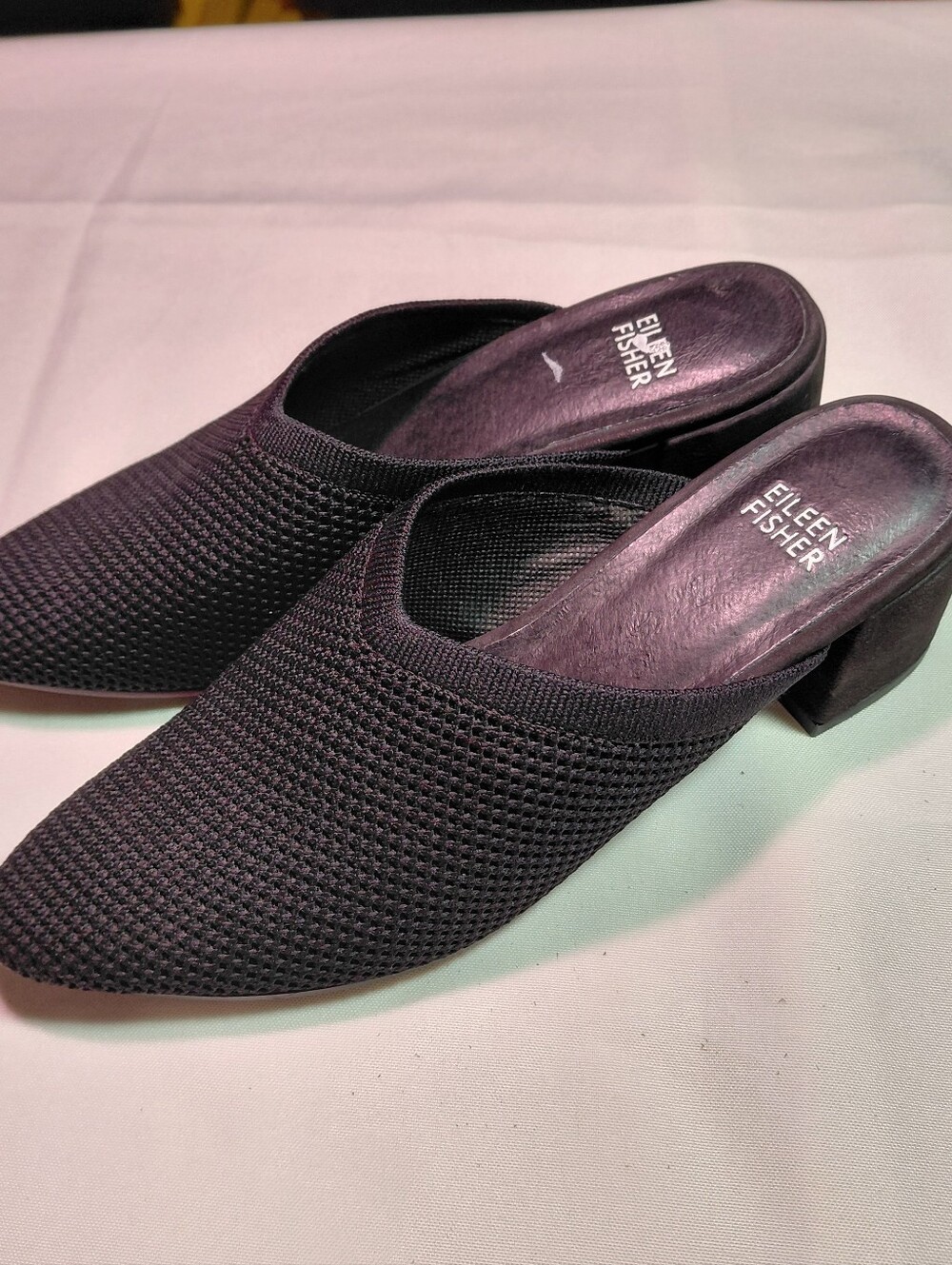 Eileen Fisher Black Gest Knit Block Heel Pointed Toe Mules NWOB Size 8M - Picture 2 of 8